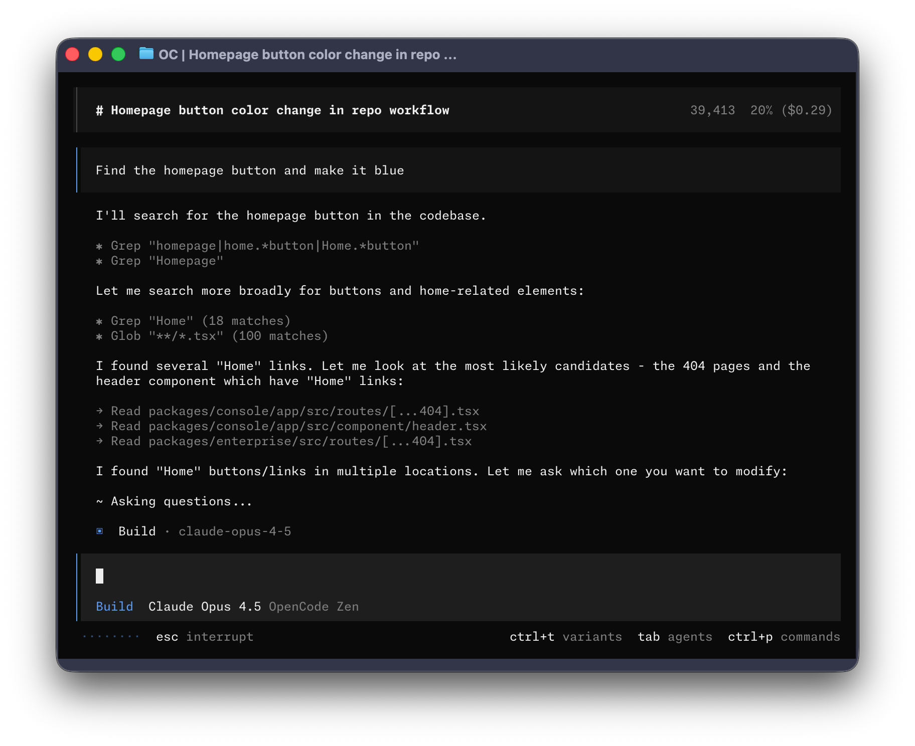 OpenCode terminal UI with Build agent, Claude Opus 4.5, and OpenCode Zen status line